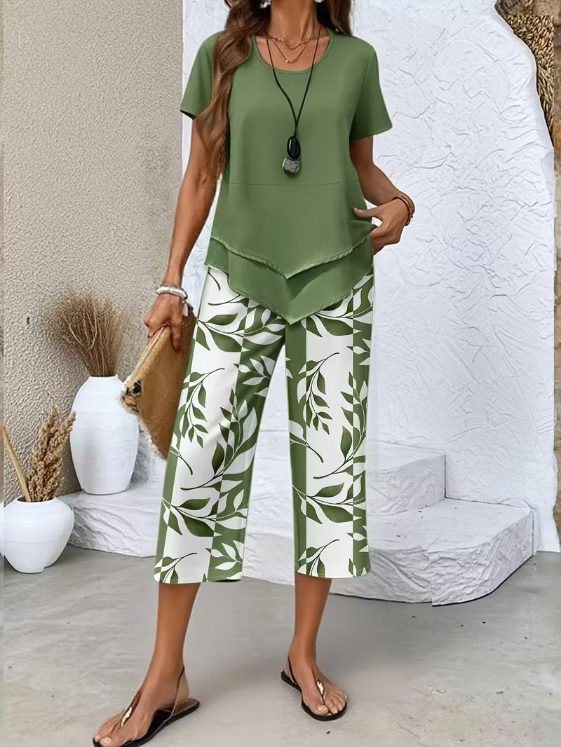 Women's Casual Leaf Print Cropped Capri Two-Piece Set
