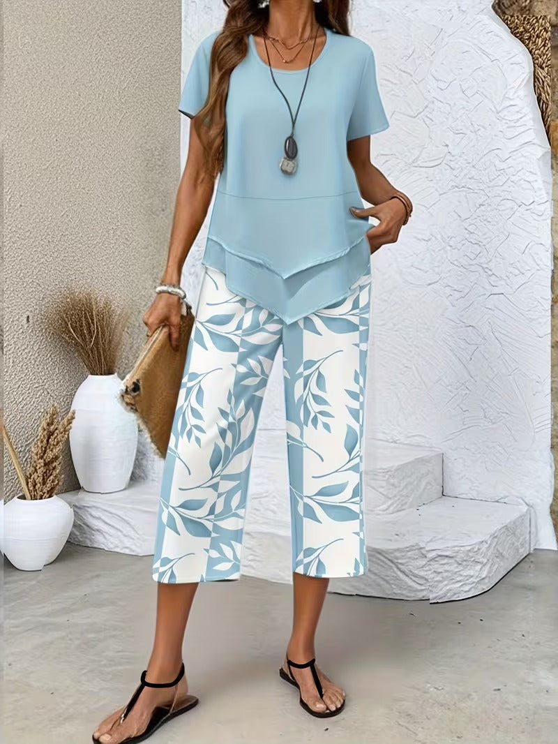 Women's Casual Leaf Print Cropped Capri Two-Piece Set