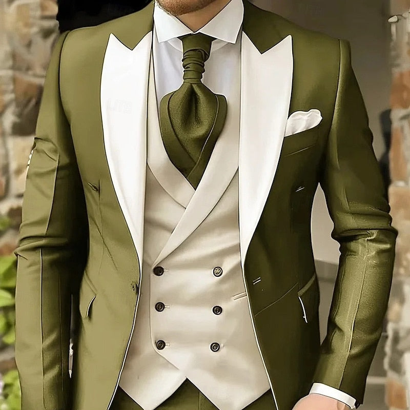 Men's Classic Wool Blend Tailored Peak-Lapel Three-Piece Suit