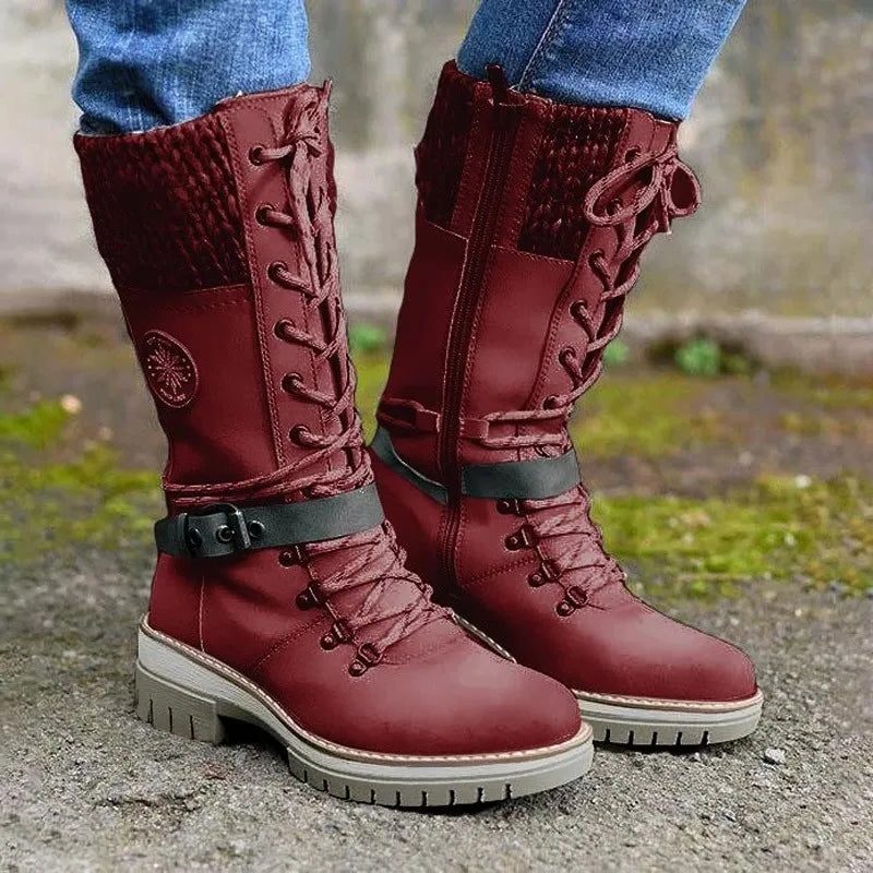 Women's Stylish Leather Lace-Up Winter Boots with Chunky Sole