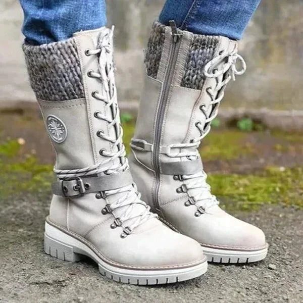 Women's Stylish Leather Lace-Up Winter Boots with Chunky Sole