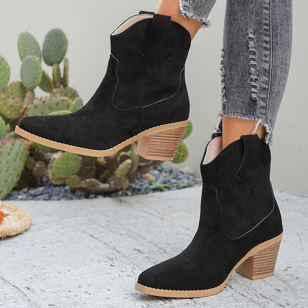 Women's Stylish Suede Pointed Toe Chelsea Boots with Chunky Heel