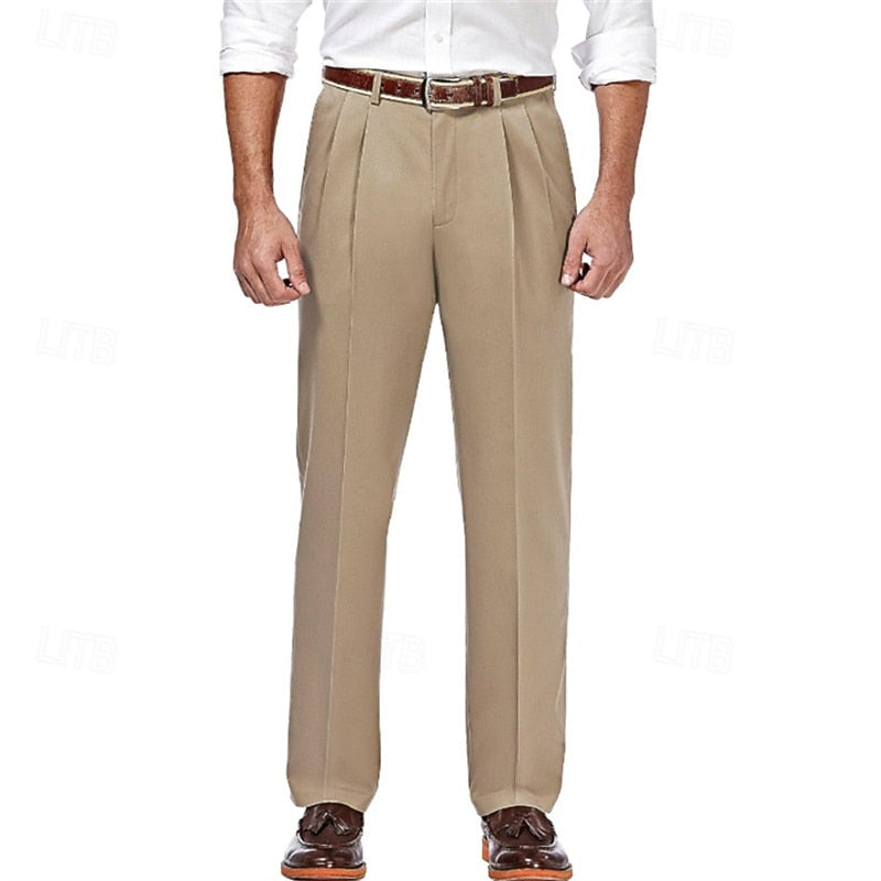 Men's Classic Pleated Straight-Leg Dress Trousers