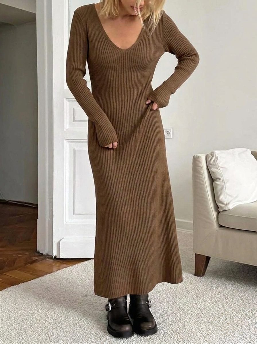 Women's Classic Ribbed Knit V-Neck Maxi Dress