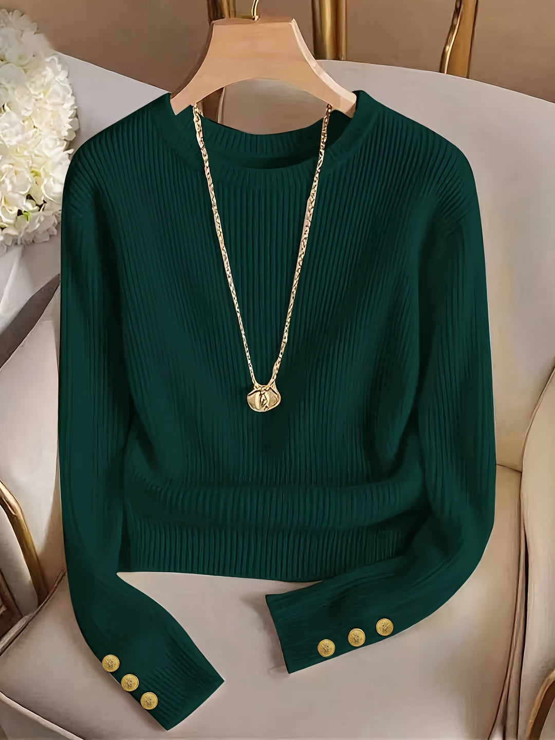 Women's Casual Ribbed Button Cuff Cotton Sweater
