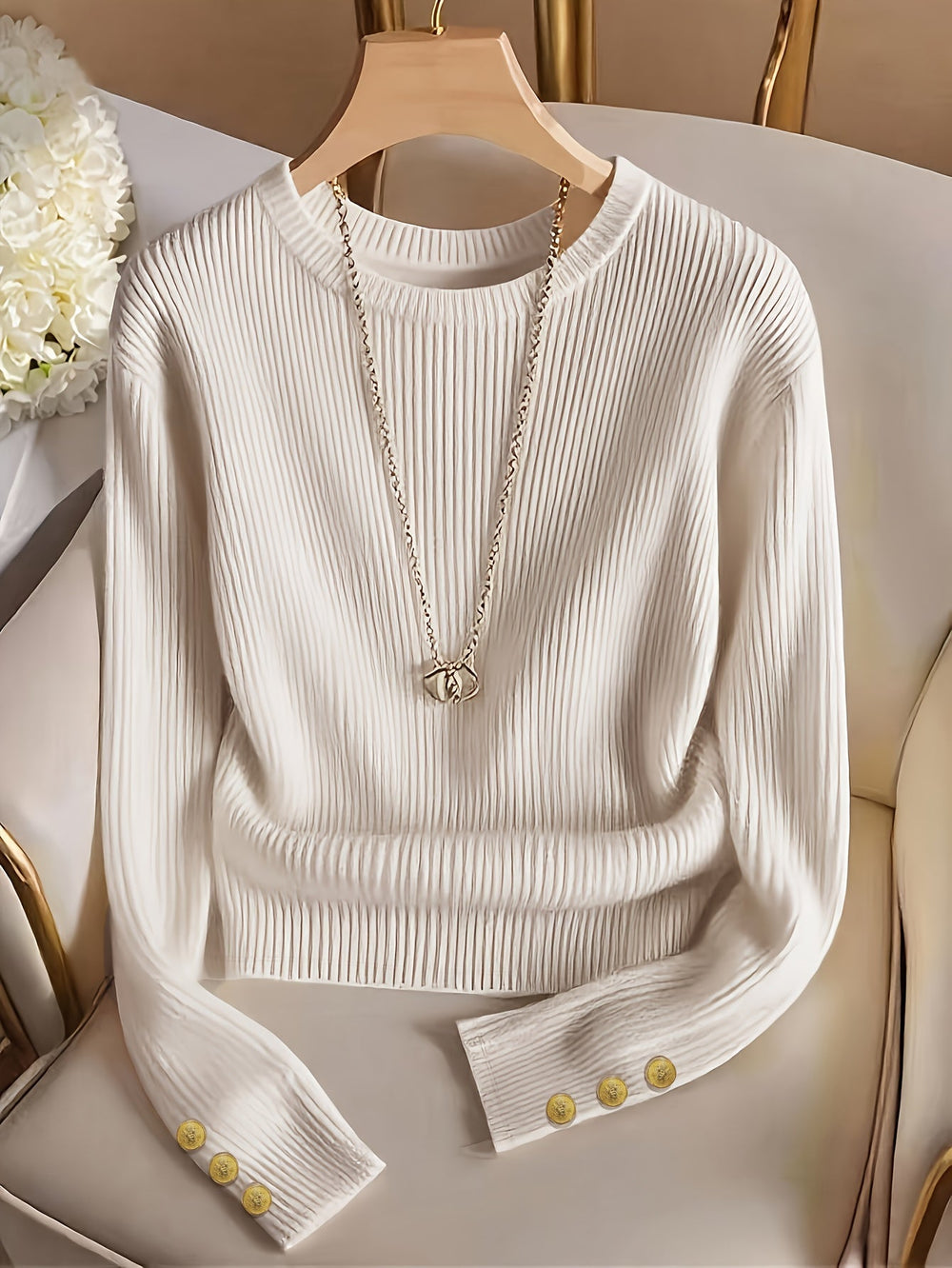 Women's Casual Ribbed Button Cuff Cotton Sweater