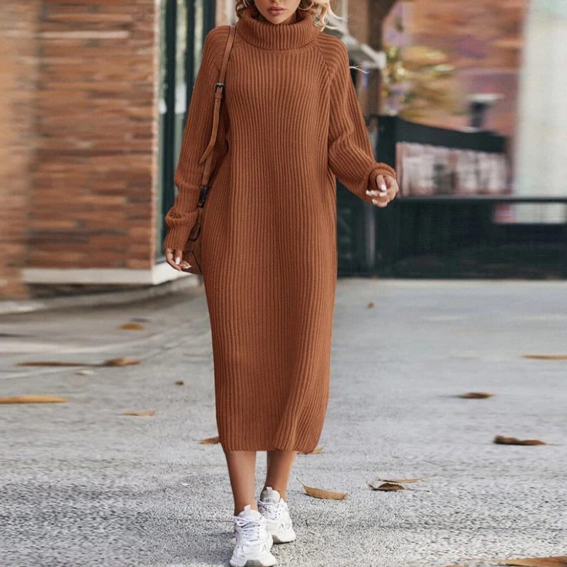 Women's Classic Ribbed Knit Roll Neck Midi Dress