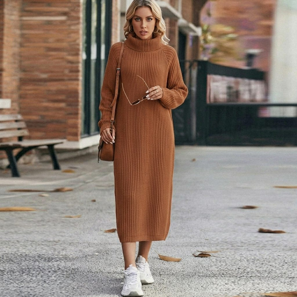 Women's Classic Ribbed Knit Roll Neck Midi Dress
