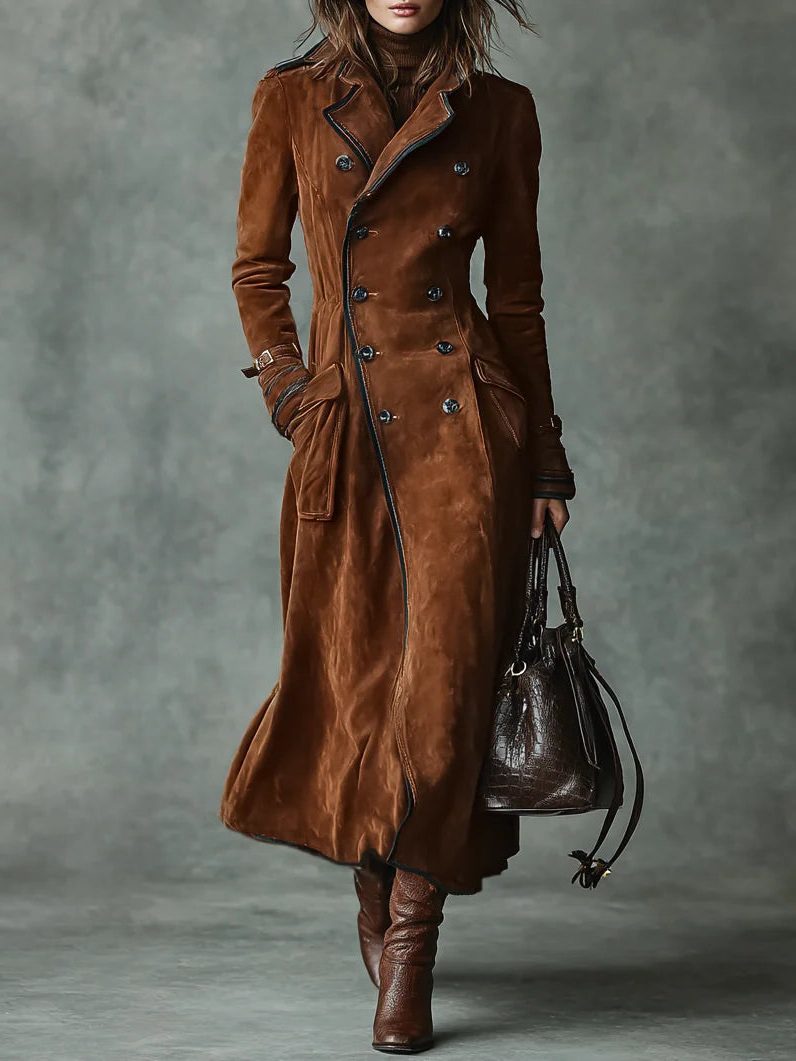Women's Classic Suede Double-Breasted Long Coat with Lapel Collar