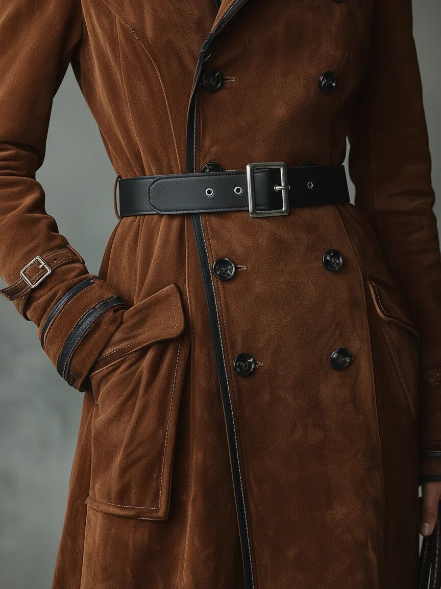 Women's Classic Suede Double-Breasted Long Coat with Lapel Collar