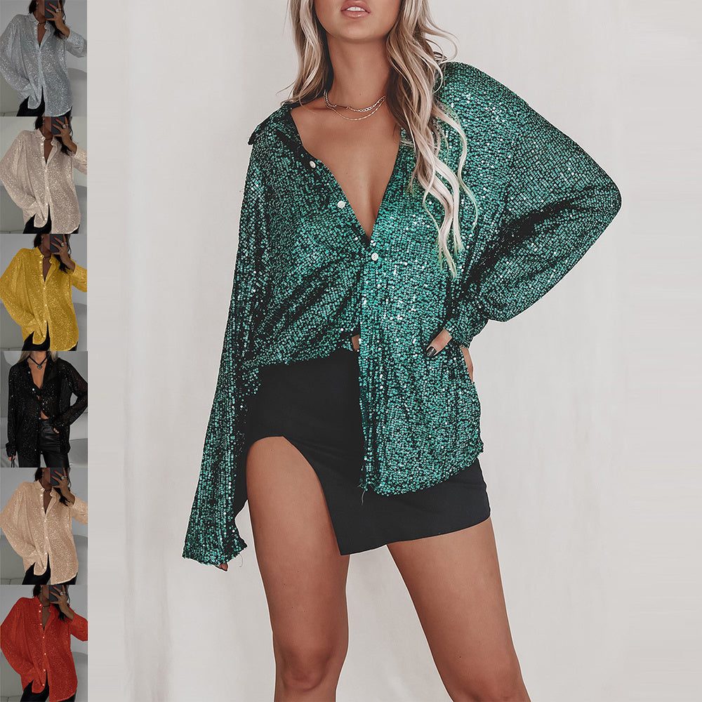 Women's Elegant Sequin Collar Blouse with Long Sleeves