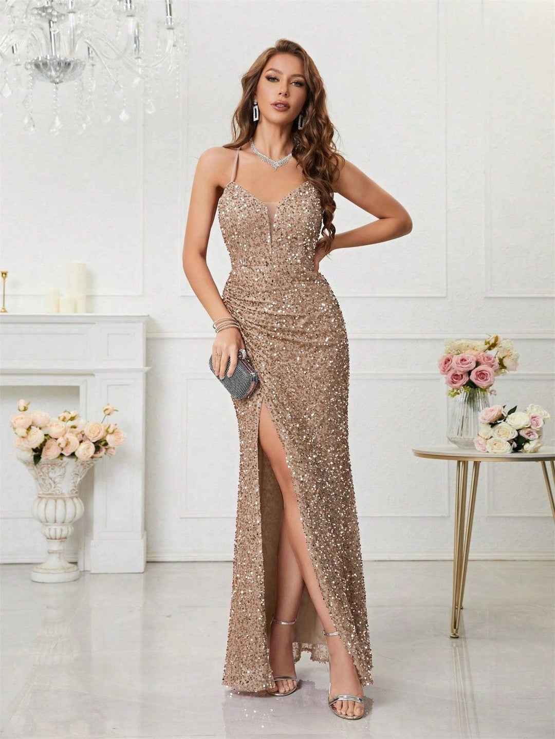 Women's Elegant Sequin V-Neck Maxi Dress with Leg Split