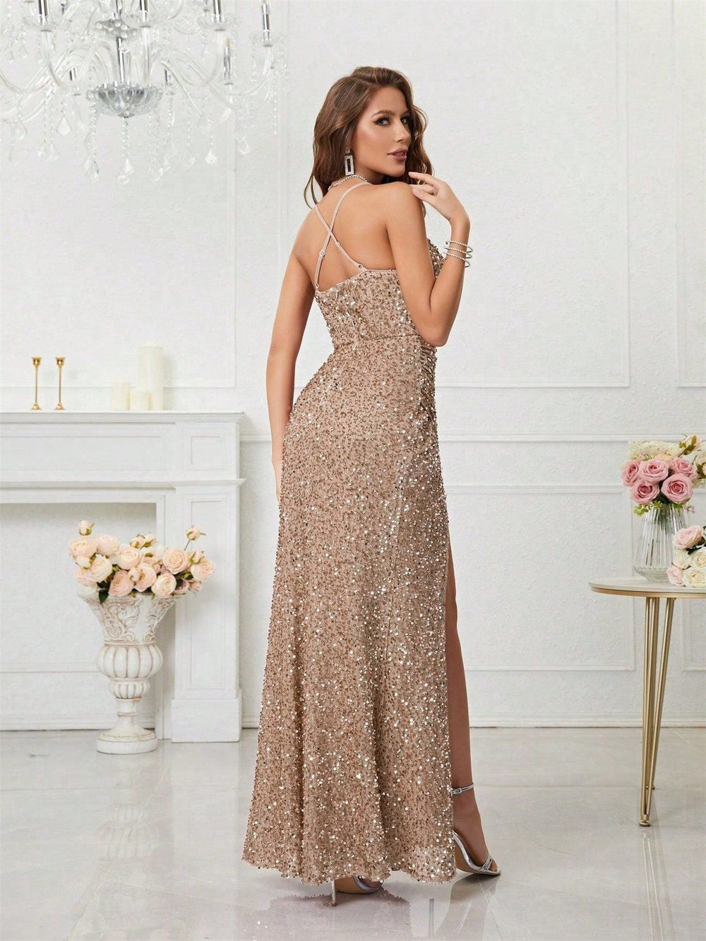 Women's Elegant Sequin V-Neck Maxi Dress with Leg Split