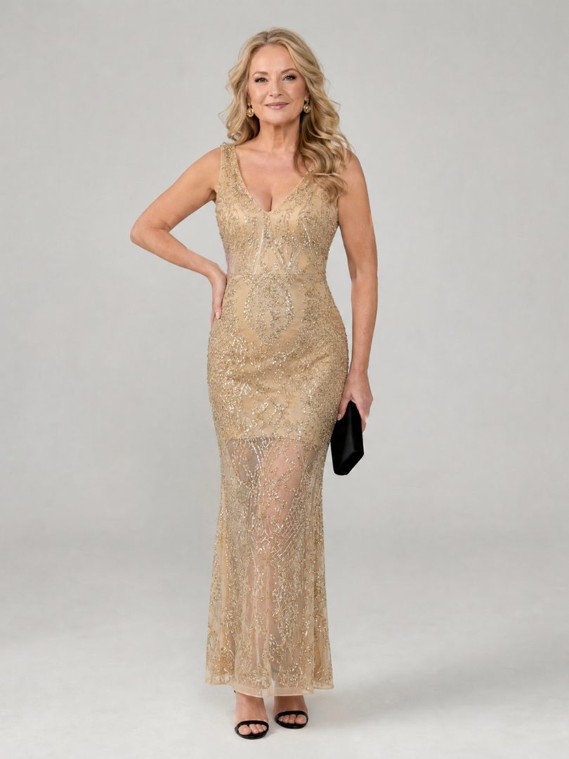 Women's Elegant Sequin Sleeveless V-Neck Midi Dress