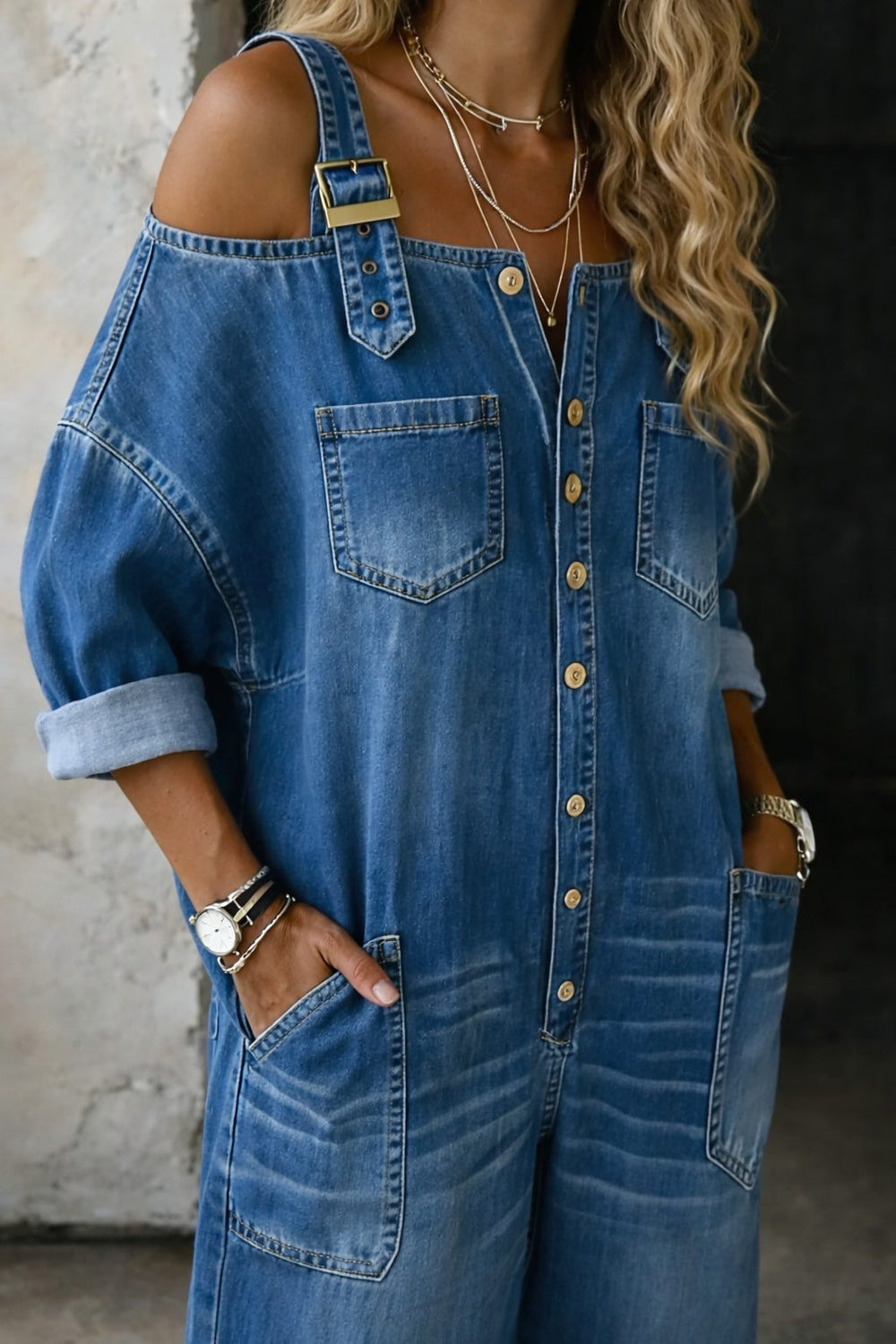 Women's Casual Denim Cold-Shoulder Button-Down Jumpsuit