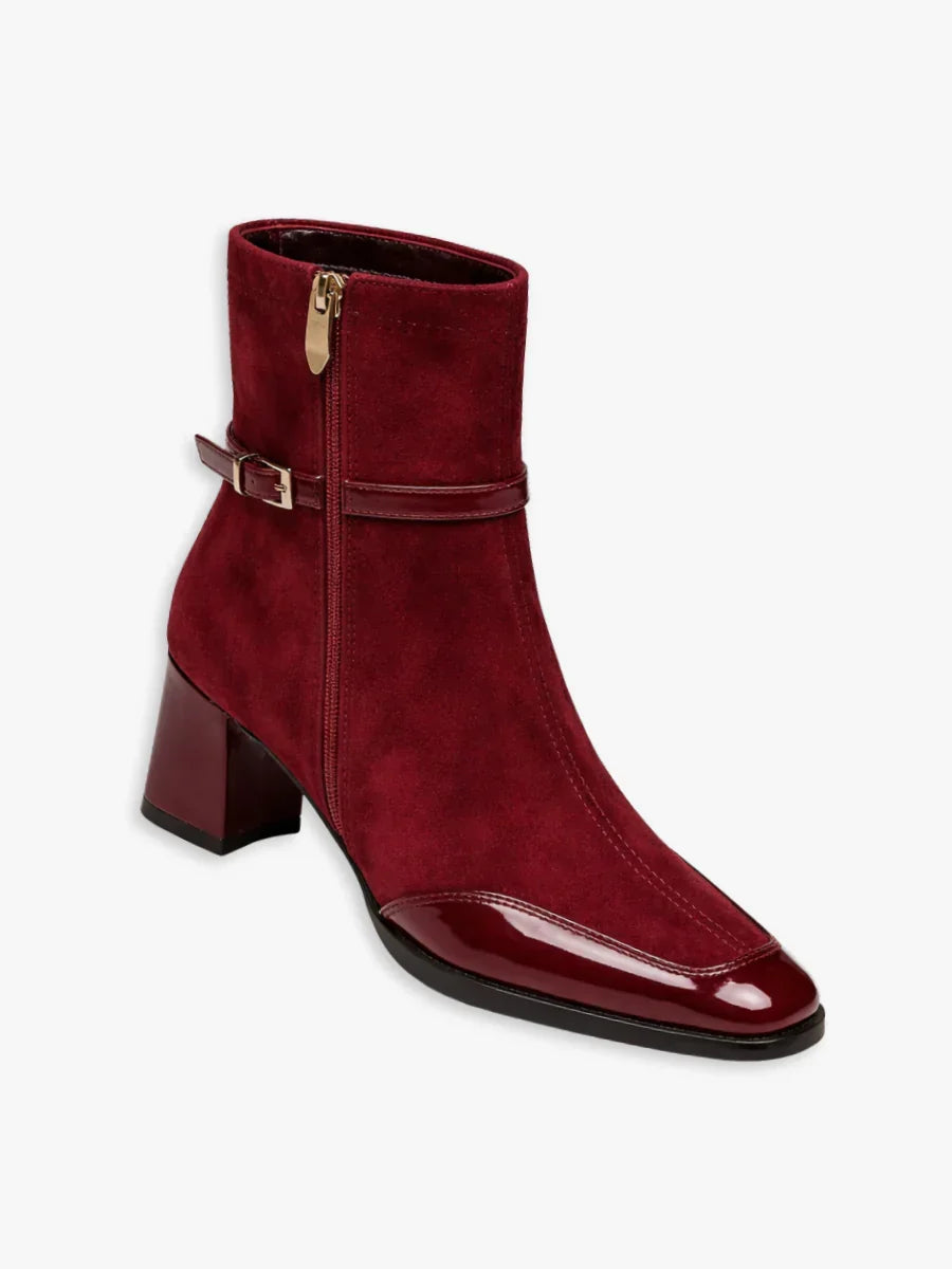Women's Elegant Leather Square Toe Buckle Strap Booties with Side Zip