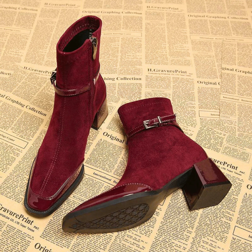 Women's Elegant Leather Square Toe Buckle Strap Booties with Side Zip