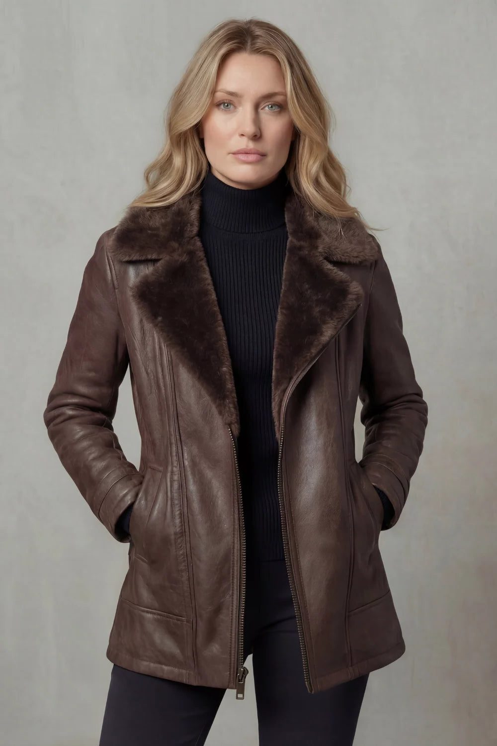Women's Classic Leather Jacket with Faux Fur Collar Brown