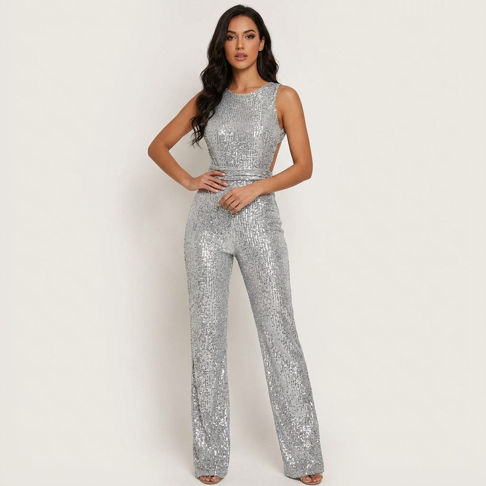 Women's Elegant Sequin Sleeveless Open Back Jumpsuit
