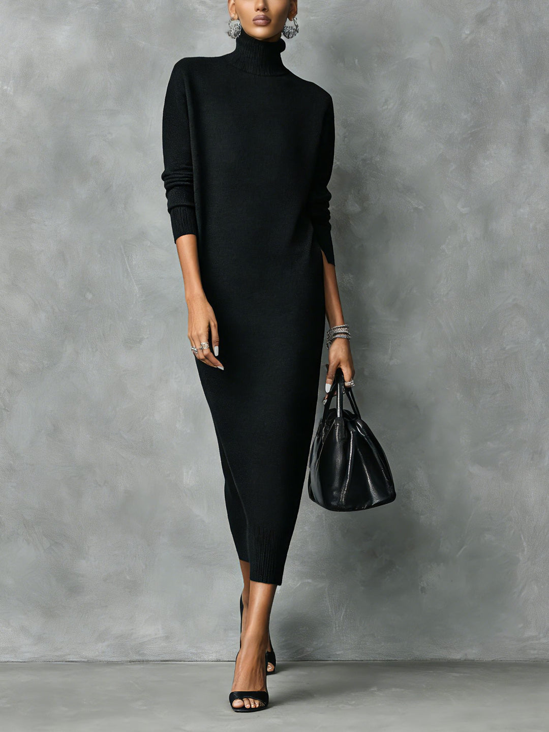 Women's Casual Knit Turtleneck Midi Sweater Dress