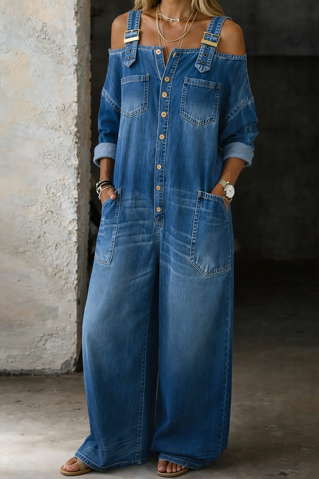 Women's Relaxed Wide Leg Denim Jumpsuit with Cold Shoulder