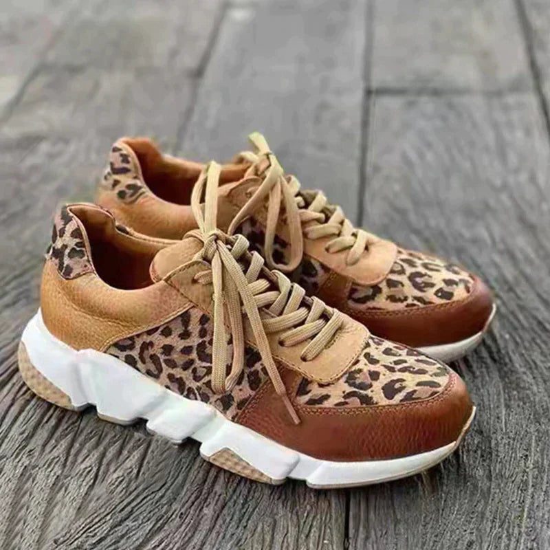 Women's Stylish Leopard Lace-Up Leather Sneakers