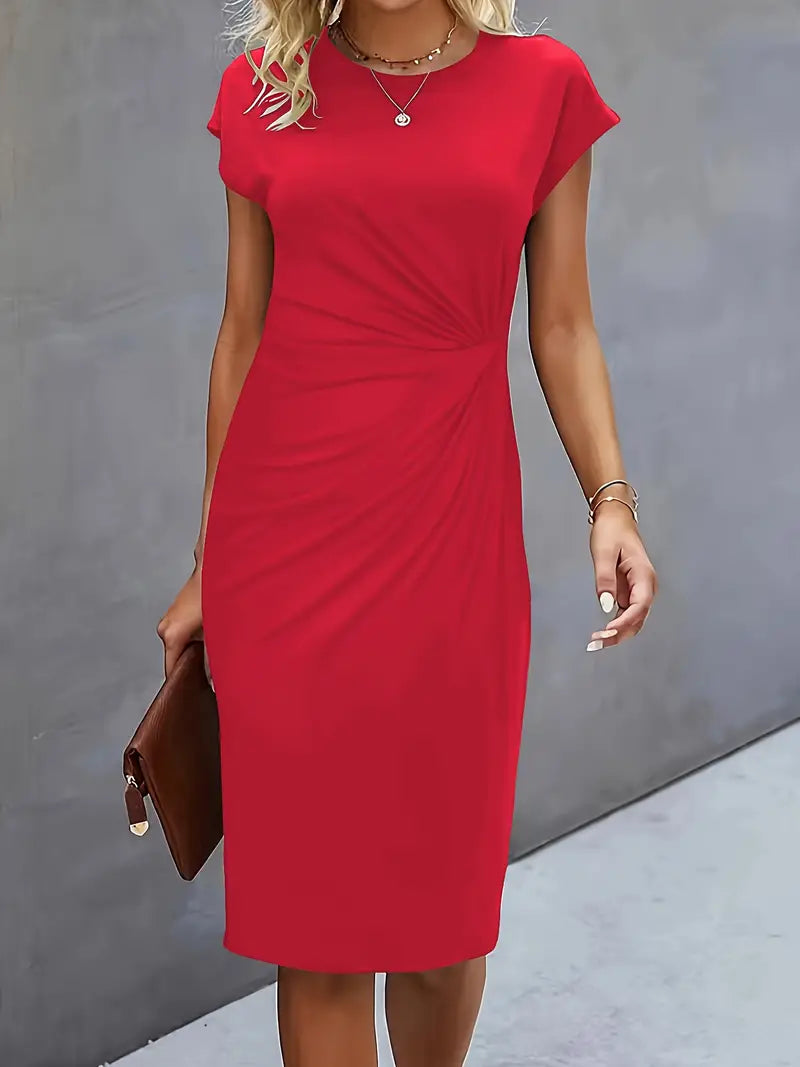 Women's Elegant Ruched Midi Dress with Short Sleeves