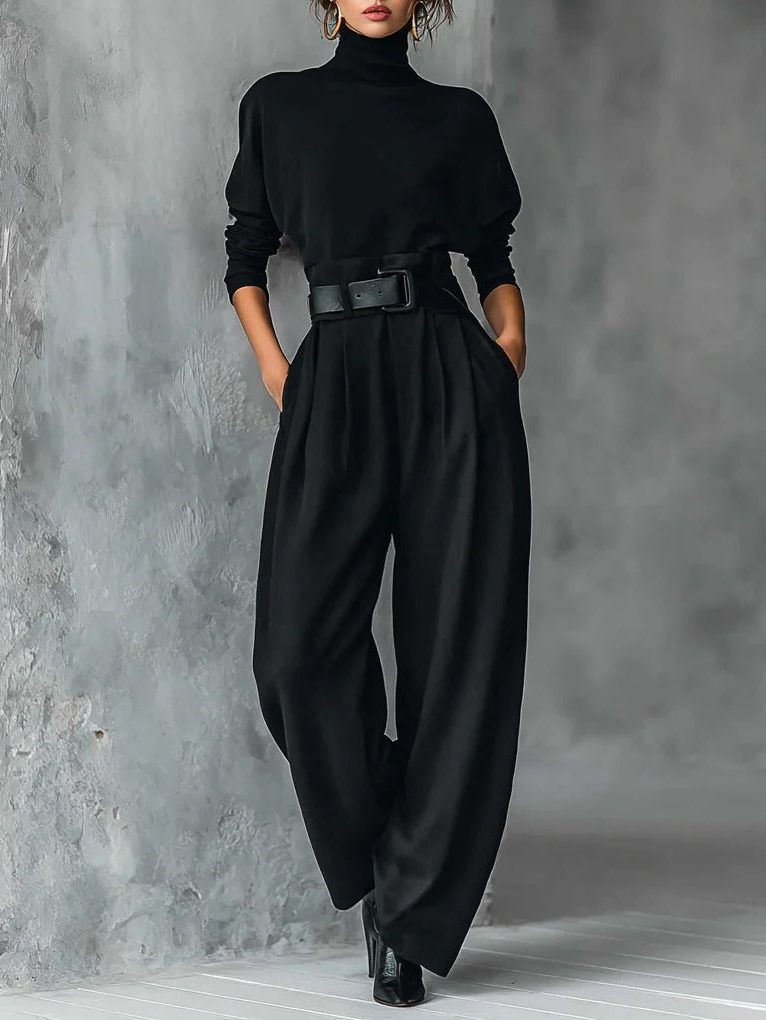 Women's Classic Knit Turtleneck and Straight Leg Pants Set