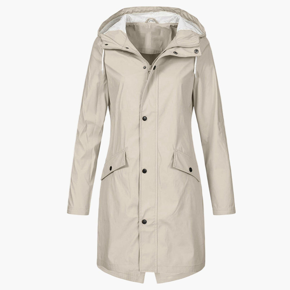 Women's Lightweight Hooded Long Raincoat with Welt Pockets
