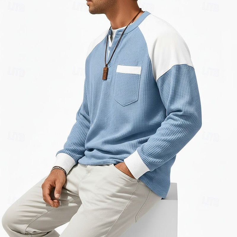 Men's Casual Cotton Colorblock Long-Sleeve Henley Shirt