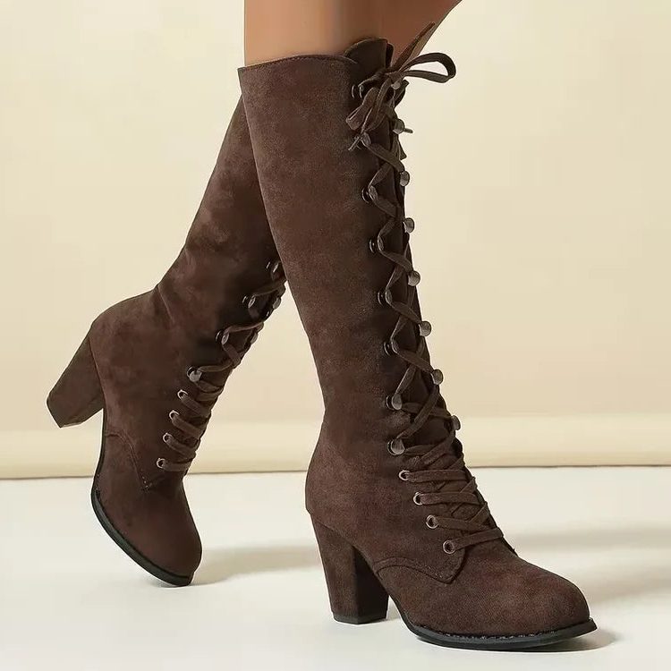 Women's Classic Suede Lace-Up Knee High Block Heel Boots