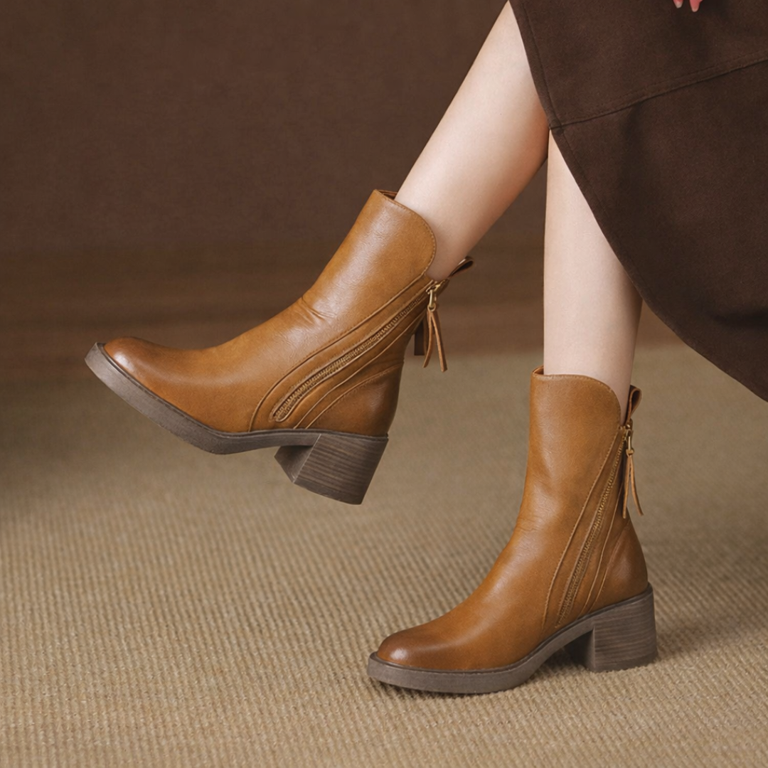 Women's Stylish Leather Block Heel Ankle Boots