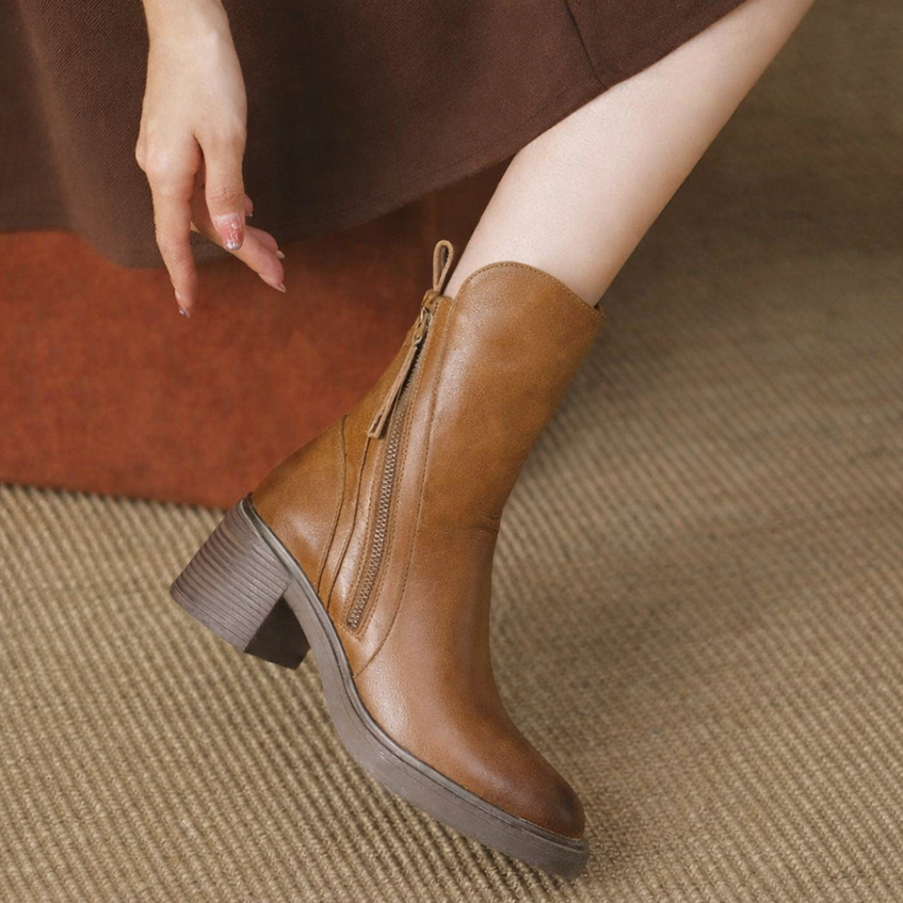 Women's Stylish Leather Block Heel Ankle Boots