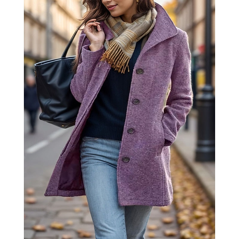 Women's Classic Wool Blend Turn-Down Collar Button Front Coat