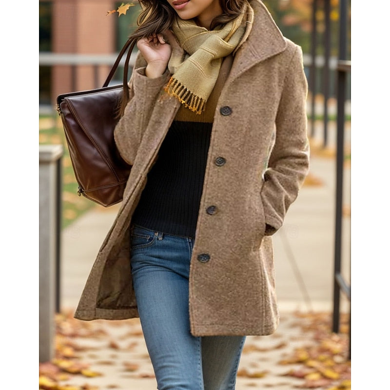 Women's Classic Wool Blend Turn-Down Collar Button Front Coat