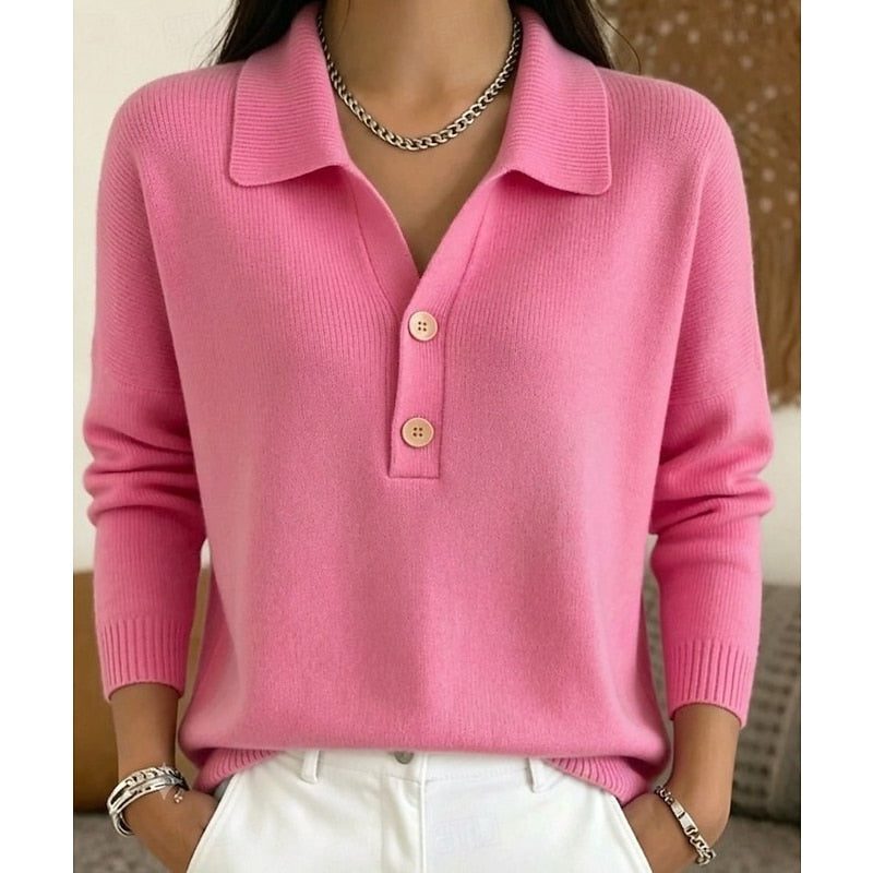 Women's Classic Ribbed Knit Polo Collar Button Pullover