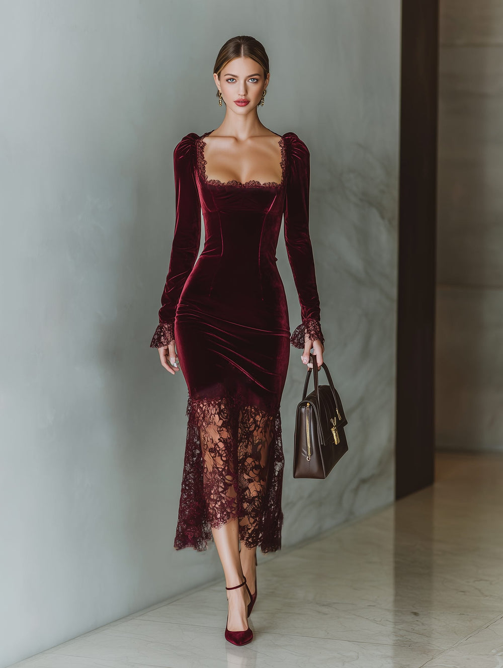 Women's Elegant Lace Trim Midi Dress with Sweetheart Neckline