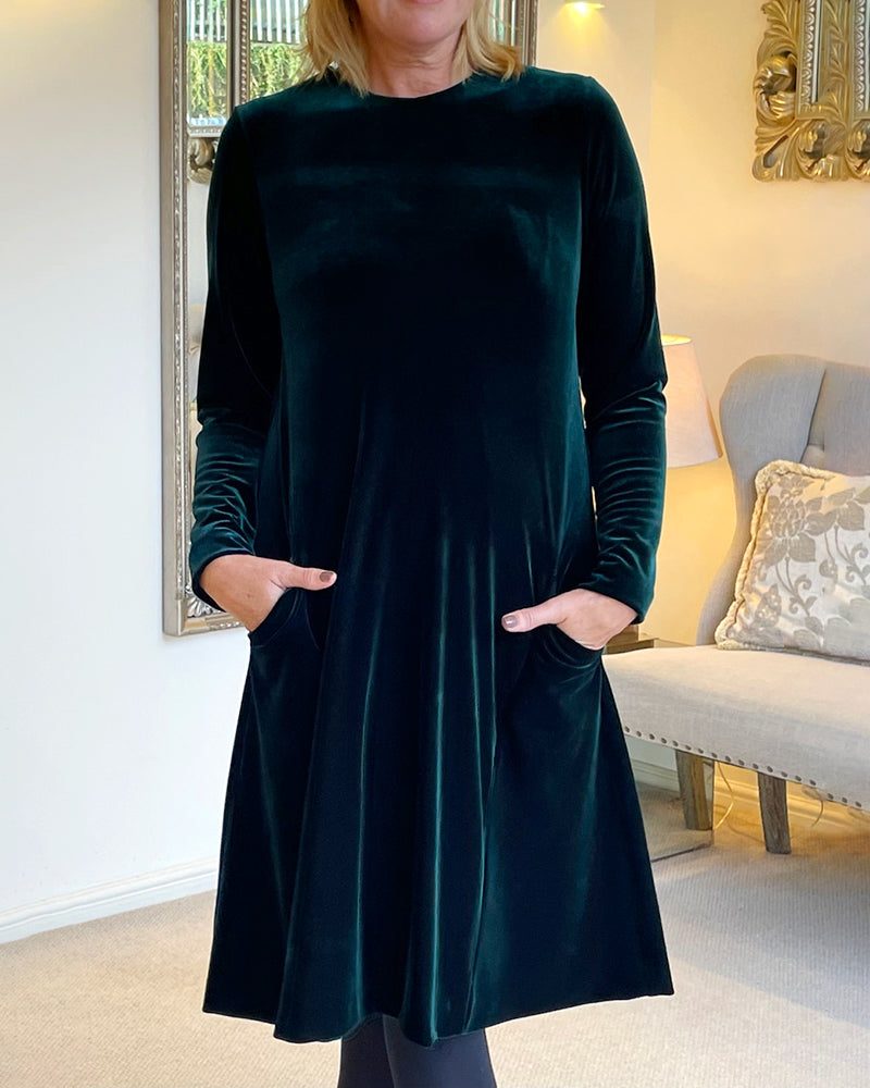 Women's Elegant Velvet A-Line Midi Dress with Pockets