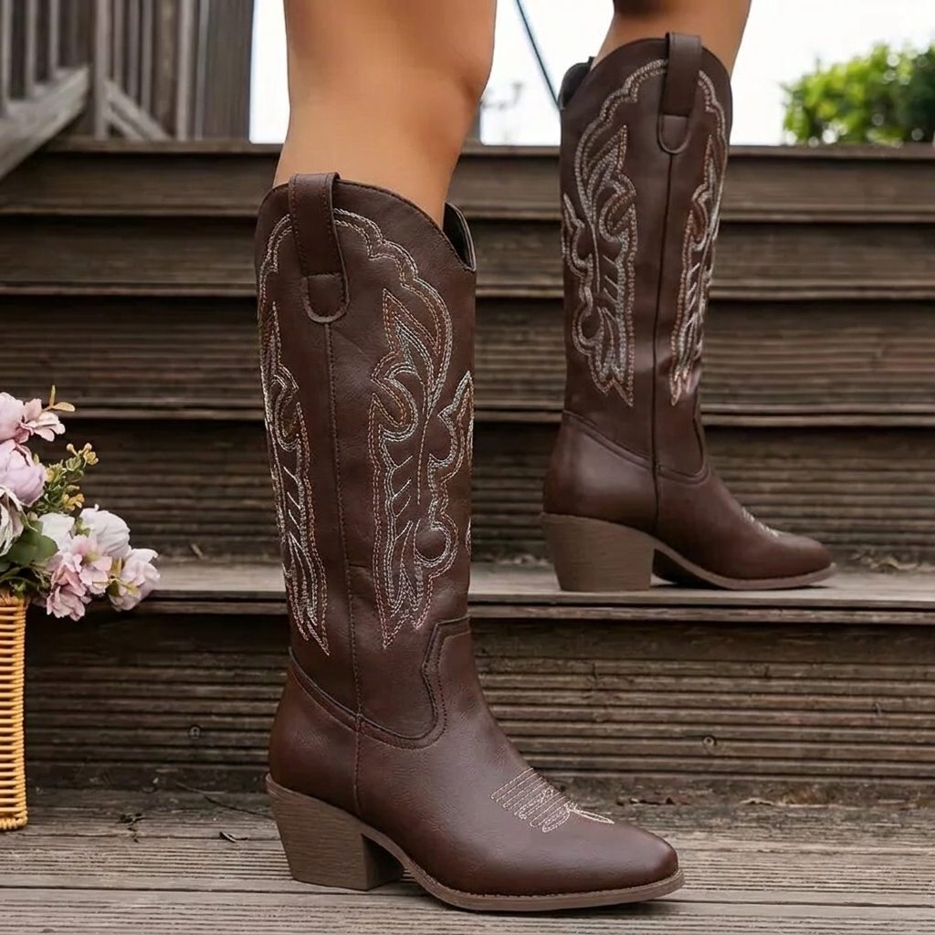 Women's Stylish Embroidered Leather Block Heel Boots