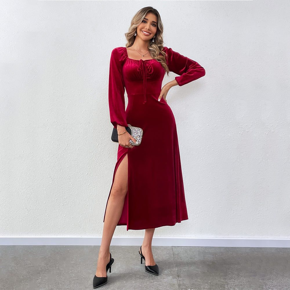 Women's Elegant Velvet Midi Dress with Tie-Front Bustier