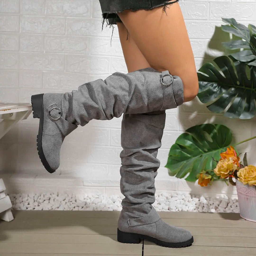 Women's Stylish Leather Knee High Slouchy Boots with Buckle Details