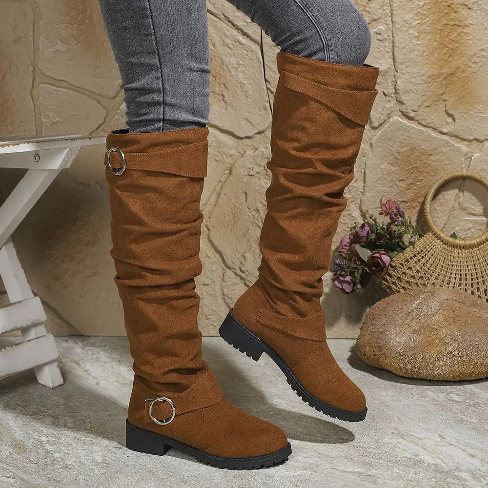 Women's Stylish Leather Knee High Slouchy Boots with Buckle Details