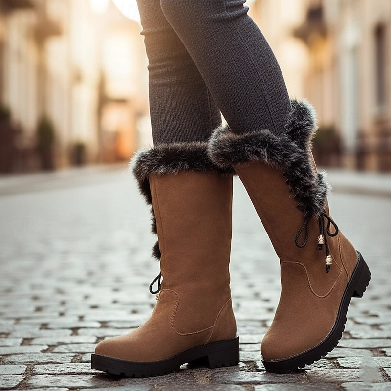 Women's Classic Fur Trim Leather Tall Boots