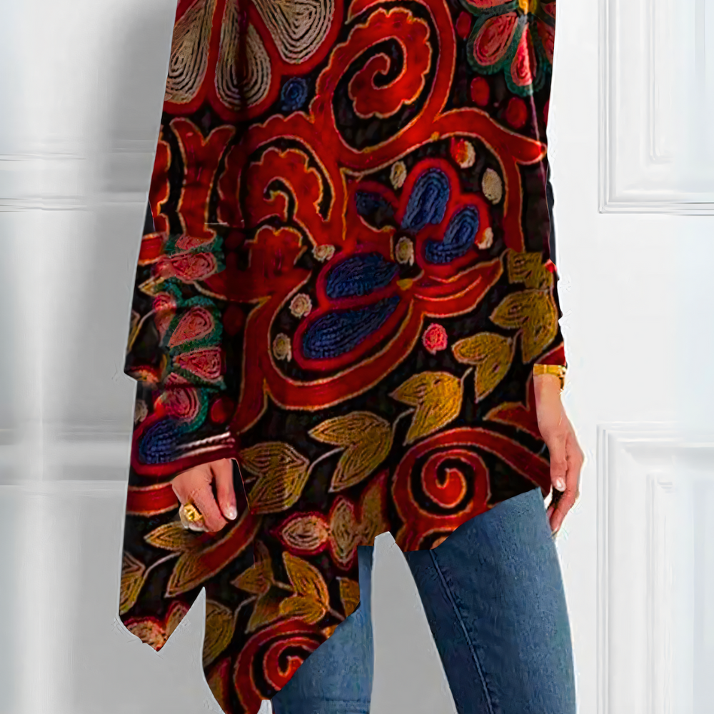 Women's Casual Floral Print Cotton Tunic with Roll Neck