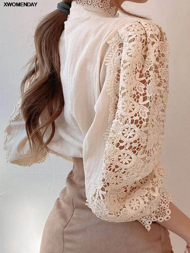 Women's Elegant Lace Long Sleeve High Neck Blouse with Buttons