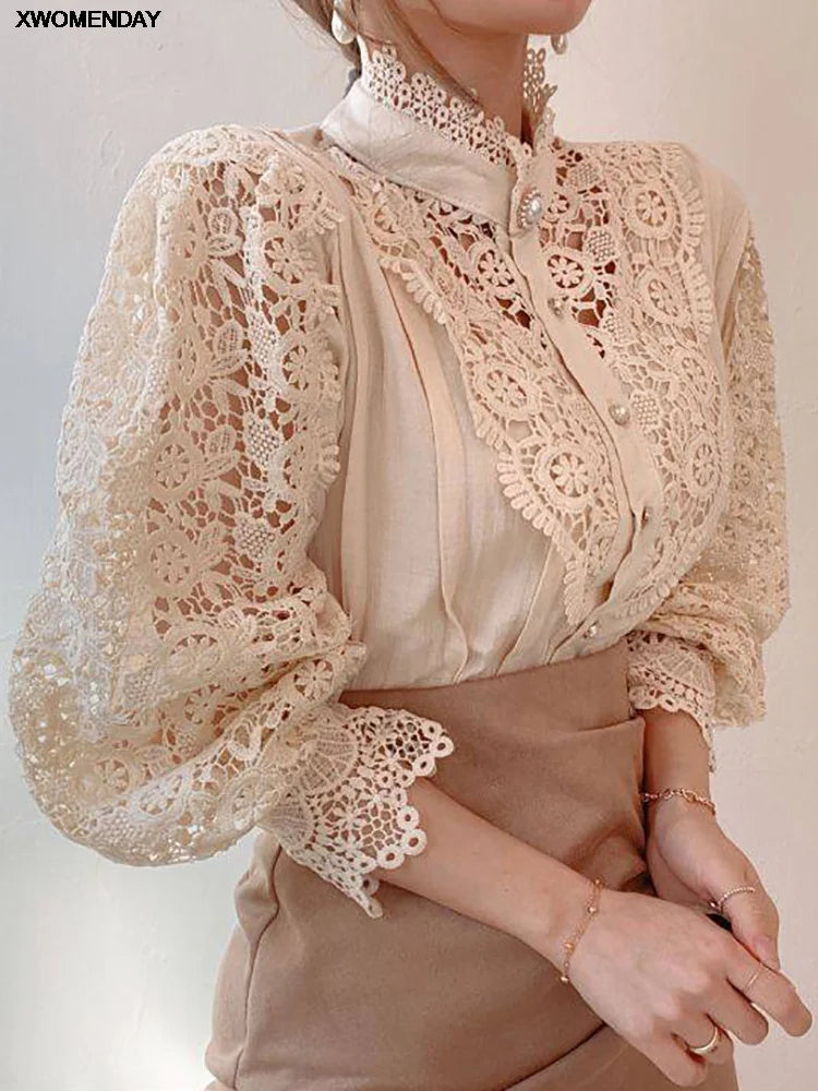 Women's Elegant Lace Long Sleeve High Neck Blouse with Buttons