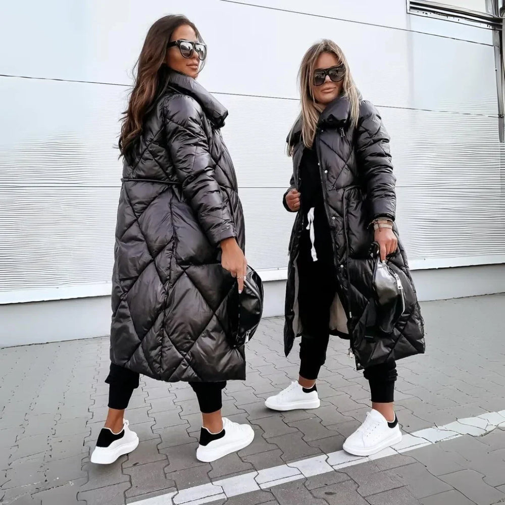 Women's Warm Quilted Hooded Belted Waist Puffer Coat