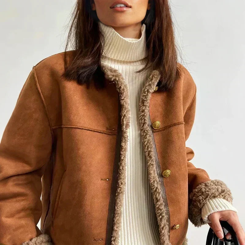 Women's Casual Button-Front Jacket with Pile-Trimmed Collar