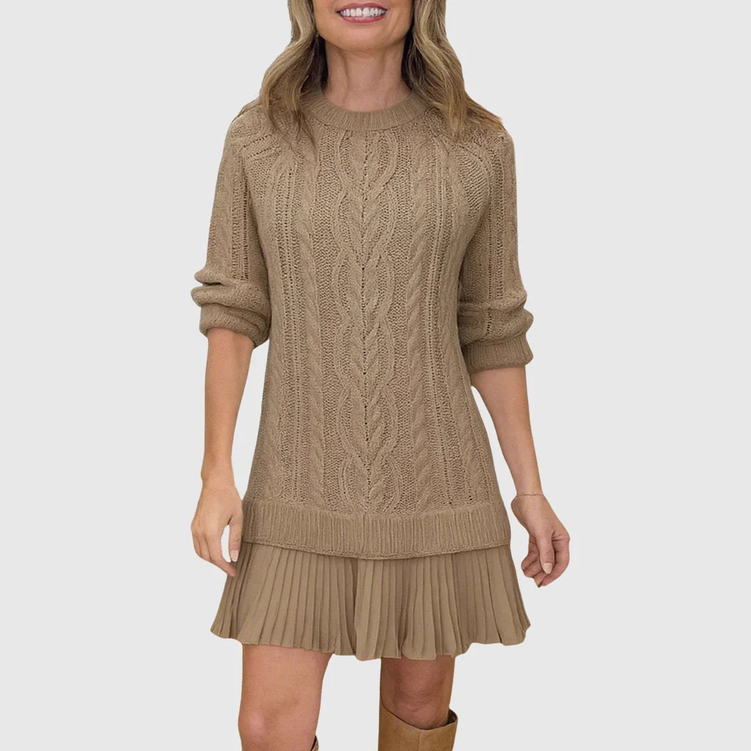 Women's Chic Cable Knit Sweater Dress with Crew Neck and Pleated Hem