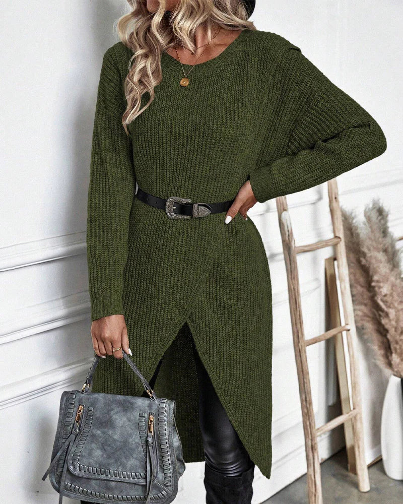 Women's Cozy Ribbed Knit Sweater Dress with Crew Neck and Wrap Hem